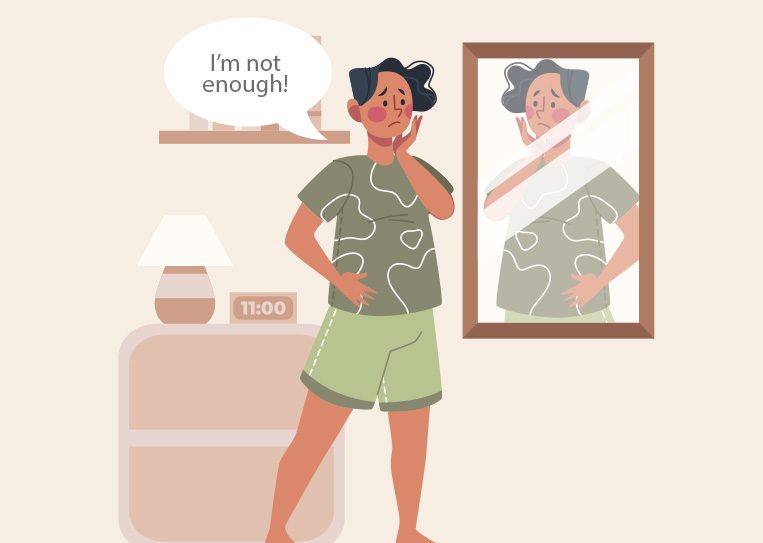 A person is looking in the mirror and upset because of their low sex drive